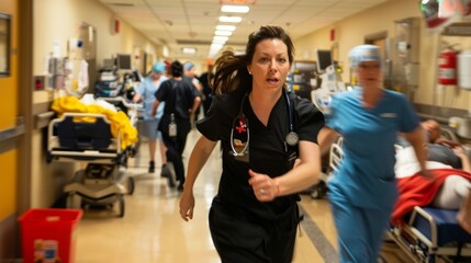 In a bustling emergency room a skilled nurse rushes through the chaos expertly maneuvering her way between gurneys and medical equipment. She calmly responds to the urgent needs of .