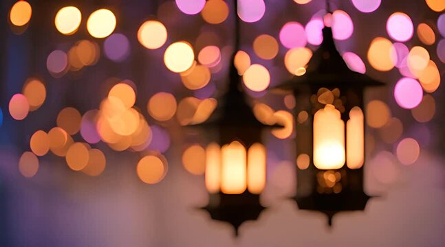 Arabic lantern in the sunset with city background. Forwelcoming ied al fitri