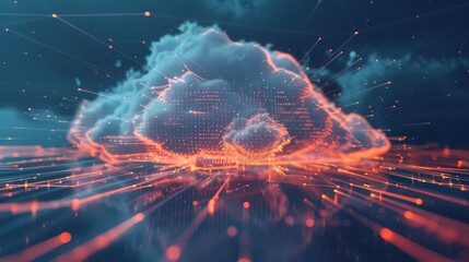 Cloud computing network visual, data flowing through virtual clouds, tech evolution
