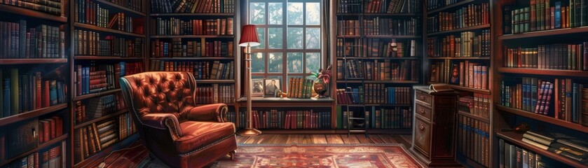 Cozy reading nook with overflowing bookshelves, immersive escape, literary journey - obrazy, fototapety, plakaty