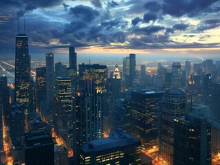 Fototapeta premium Dramatic cityscape at dusk, skyscrapers lighting up, urban beauty