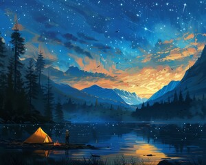Digital artwork of a tranquil campsite by a mountain lake under a starry night sky, with warm sunset hues reflecting on the water. - obrazy, fototapety, plakaty