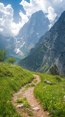 Fototapeta premium Exploration and freedom on a hiking adventure, with a trail winding through majestic mountains.