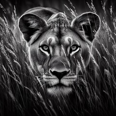 Lioness in the high grass. Black and white image art print