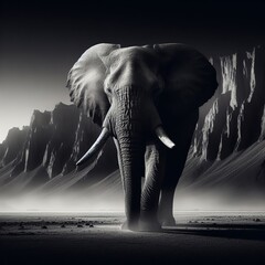 Elephant is standing in the desert with a mountain in the background.