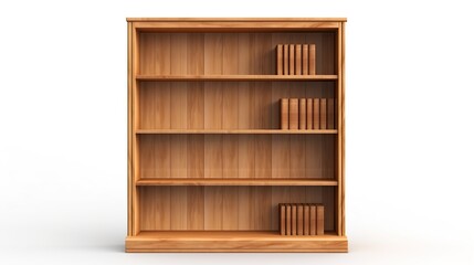 Realistic wooden bookshelf isolated on white background.
