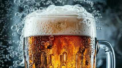 Close-up of the top of a cold and refreshing Mug of Beer - obrazy, fototapety, plakaty