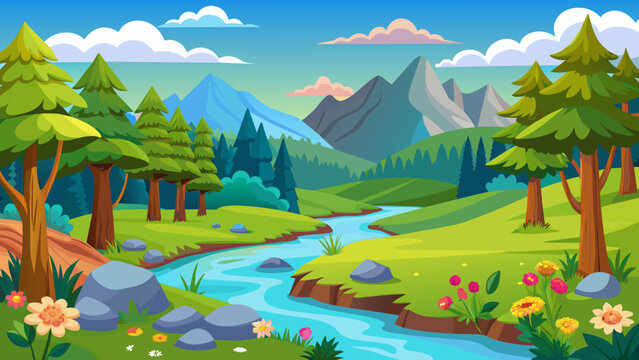 Forest river and meadow cartoon landscape