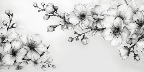 Monochrome illustration of delicate cherry blossoms on white background with copy space for text