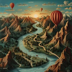 A surreal landscape with rivers and mountains shaped like balloon contours