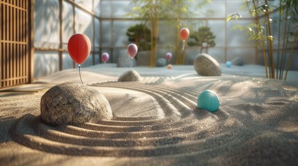 A zen garden scene where balloons float gently over smoothly raked sand
