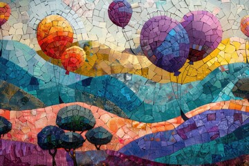 An abstract art piece featuring a mosaic of balloons creating a vibrant