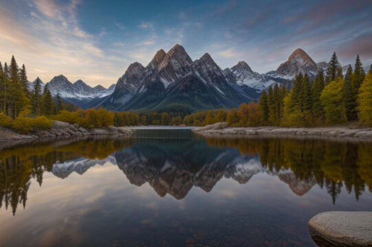 A crystal-clear lake reflecting the snow-capped peaks of a majestic mountain range. Pine trees line the shore of the lake, and a canoe with two paddles rests on the glassy surface.