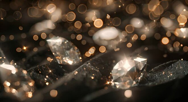 Sparkling diamonds on a blurred dark velvet, raw luxury,