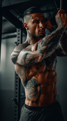 A contemplative tattooed man with a muscular build showcases intricate tribal tattoos on his arms and chest, posing with a serious expression against a dark backdrop.