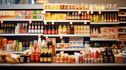 スーパーマーケットの商品棚に並ぶ食料品 - obrazy, fototapety, plakaty