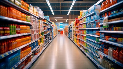 スーパーマーケットの商品棚に並ぶ食料品