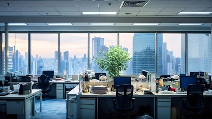高層ビルのあるオフィスと窓に見えるオフィス街の風景