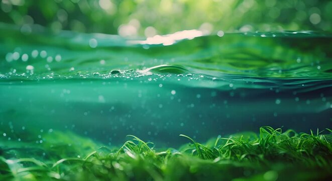 Spirulina swirls in a blurred blue water pool, super algae