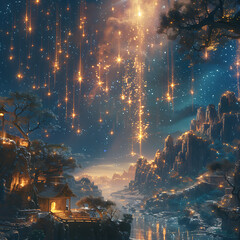 Fototapeta premium A mesmerizing starfall with falling stars streaking across the night sky. Bright, glowing trails against the dark cosmos create a magical and enchanting spectacle