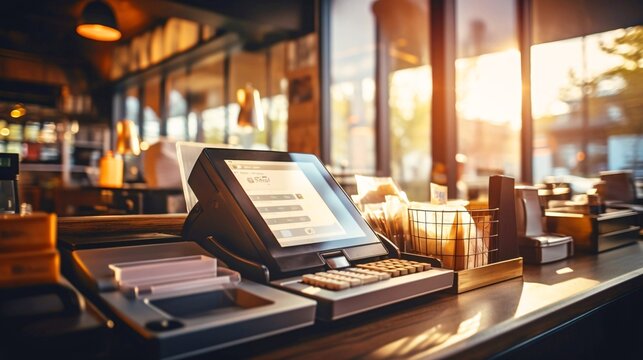 モニター付きの店のキャッシュレス電子レジスター、会計のレジのアップ