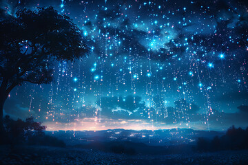 Fototapeta na wymiar A mesmerizing starfall with falling stars streaking across the night sky. Bright, glowing trails against the dark cosmos create a magical and enchanting spectacle