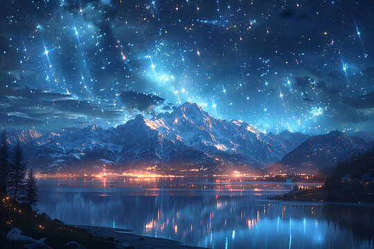 A mesmerizing starfall with falling stars streaking across the night sky. Bright, glowing trails against the dark cosmos create a magical and enchanting spectacle