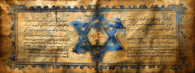 Old paper page from ancient torah book with blue Star of David. Judaism religious symbol. Bible exodus torah. Passover celebration, Yom Kippur, Purim. Illustration for banner, wallpaper, background - obrazy, fototapety, plakaty