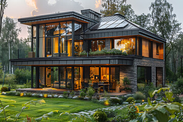 Fototapeta premium A stunning high-tech house with sleek architecture, lush lawn, and solar panels on the roof for sustainable energy usage