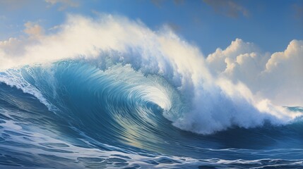 Amazing large stormy sea wave with sky panorama.