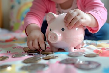 A child learns to save with his pink piggy bank, A prosperous future begins with small savings.