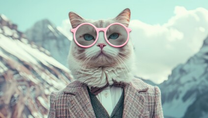 A cat wearing sunglasses and a suit with a tie