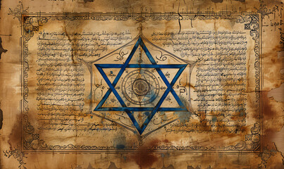 Old paper page from ancient torah book with blue Star of David. Judaism religious symbol. Bible exodus torah. Passover celebration, Yom Kippur, Purim. Illustration for banner, wallpaper, background