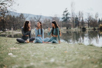 A moment of leisure caught as three friends sit by a lake, enjoying a picnic and good weather.