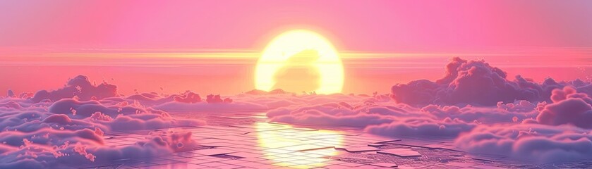 A retro-futuristic vaporwave aesthetic with sunsets grids