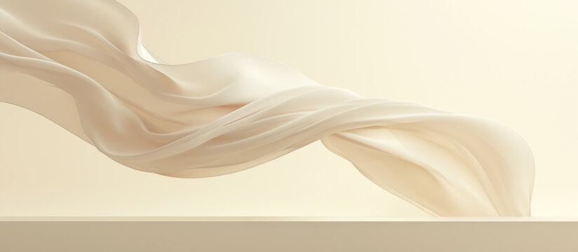 A beige podium with flowing fabric floating above it, creating an abstract and elegant composition for product display in beauty advertising
