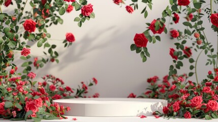 Podium background flower rose product red 3d spring table beauty stand display nature white. Garden rose floral summer background podium cosmetic valentine easter field scene gift red day romantic