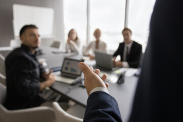 Unknown male speaker hold training for staff members, make speech, explain vision, express professional opinion, share creative solution, engaged in corporate meeting with investors. Business event
