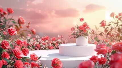 Fototapeta na wymiar Podium background flower rose product red 3d spring table beauty stand display nature white. Garden rose floral summer background podium cosmetic valentine easter field scene gift red day romantic