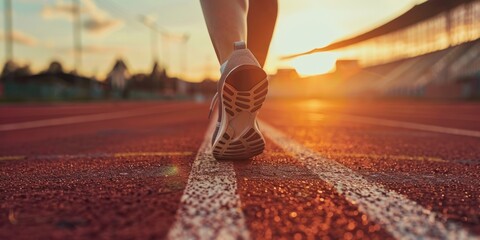 Focus on running shoes of athletic runner training in stadium at sunset, preparing for sports competition, Olympic games. - Powered by Adobe