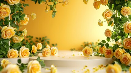 Podium background flower rose product yellow 3d spring table beauty stand display nature white. Garden rose floral summer background podium cosmetic valentine easter field scene gift yellow day romant