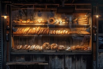 A picturesque street bakery with a display window full of various breads under soft lighting
