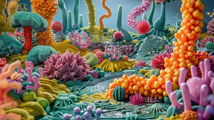 A 3D landscape showing the mutualistic relationship between humans and their gut flora. - obrazy, fototapety, plakaty