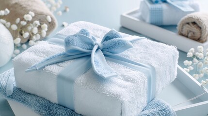 A luxurious spa-themed gift box in serene blue and white tied with a soft