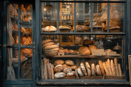 A picturesque street bakery with a display window full of various breads under soft lighting