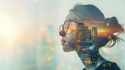 Conceptual blend of a modern human and futuristic analytics in a city environment.	 - obrazy, fototapety, plakaty