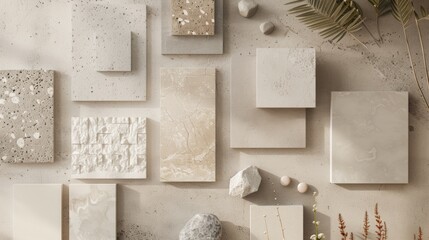 a material moodboard with square swatches, pine wood, light pine wood samples,  pine wood, textured concrete, limestone rock, beige sandstone, textured plaster, minimalist style