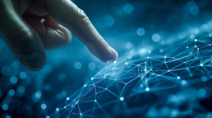 Conceptual digital world with dynamic infographics, human touch interaction, digitalization and computing background.	