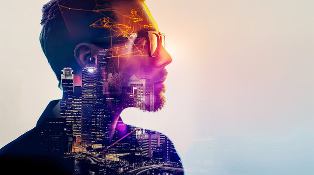 Conceptual blend of a modern human and futuristic analytics in a city environment.	