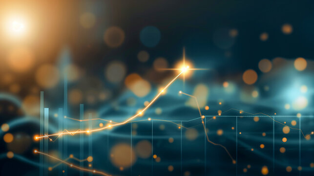 Digital economy visualized with rising graphs and currency, techno-financial environment.	